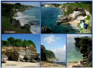 Tinggi Tebing-tebing Di pantai Selatan Bali. Dari kiri Atas Pantai Jimbaran, Pantai Dream land, Pantai Selonding dan Pantai Balangan.